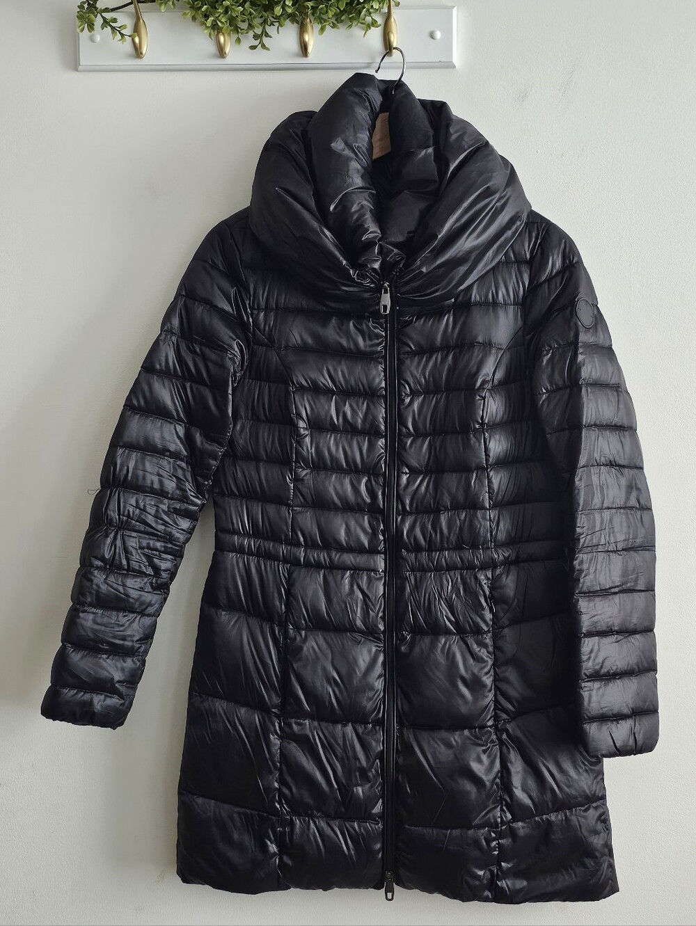 Steven by Steve Madden Black Down Puffer Coat Long Shawl Collar Size SP